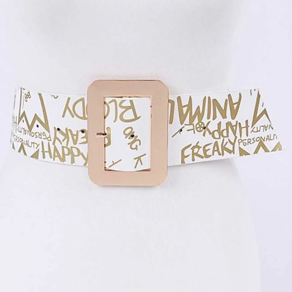 White Gold Graffiti Printed Fashion Wide Statement Belt